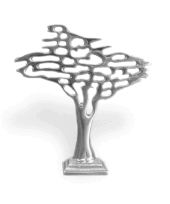 Adorno en forma de Árbol de la Vida número 1 fabricado en pewter, ideal para decoración de interiores con significado simbólico en espacios reducidos.