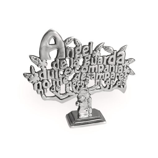 Adorno en forma de árbol con la figura del Ángel de la Guarda, fabricado en pewter, ideal para decoración de interiores con simbolismo espiritual.