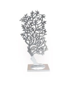 Adorno en forma de árbol con hojas modernas fabricado en pewter, ideal para decoración de interiores.