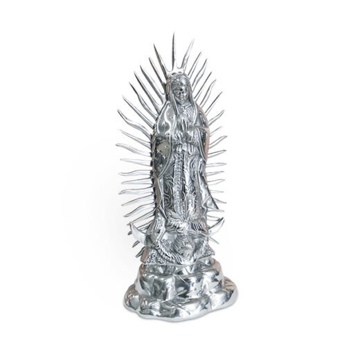 Virgen de Guadalupe resplandor grande de pewter con base artesanal